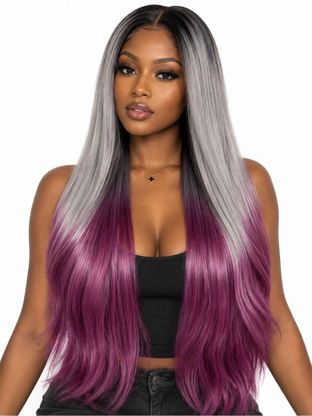 Long Straight Lace Front Wig in Gray to Purple Ombre middle part 26 inches long